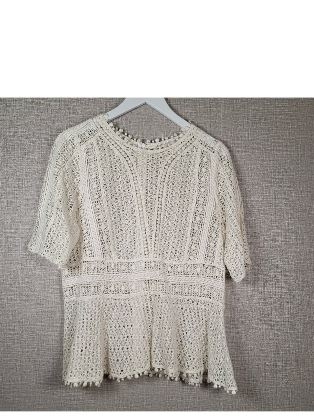 Rebecca Taylor Crochet Lace Peplum White Short Sleeve Top Women's Size 12 Shirt